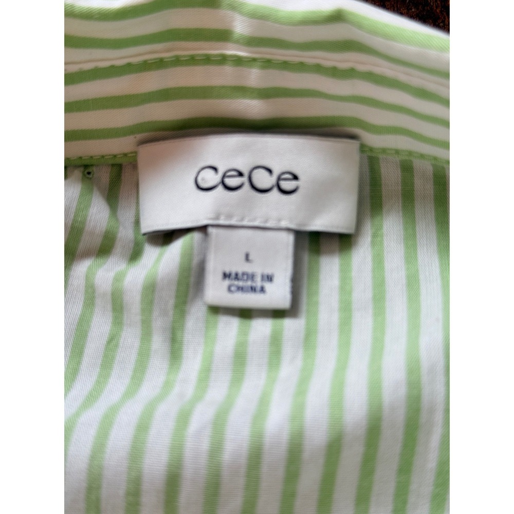 CeCe Womens Green White Striped Smocked Back Cotton Button Up Shirt Large - Picture 8 of 9